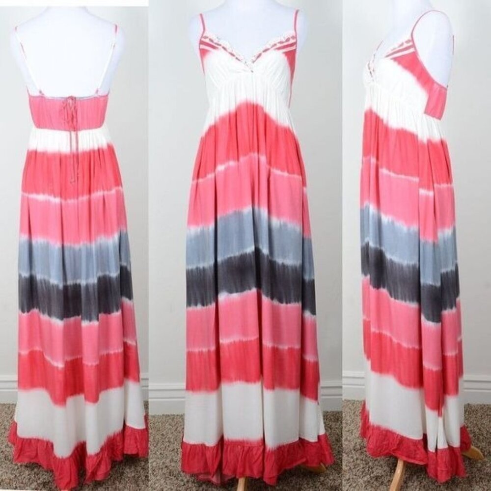 Tie Dye Pink Blue Spaghetti Strap V-Neck Ruched Summer Maxi Dress